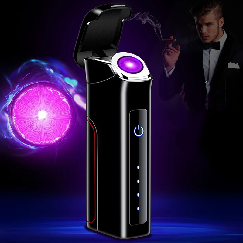 Сенсорная вращающаяся дуговая зажигалка с зарядкой от USB, светодиодный литиевый дисплей с питанием, PVD процесс, подарки для друзей