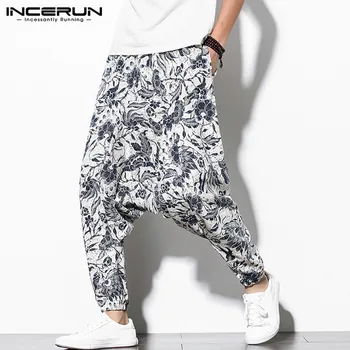 

Men Printed Harem Pants Elastic Waist Retro Casual Joggers Loose Drop-crotch Trousers Men Streetwear Wide Leg Pants INCERUN 2020