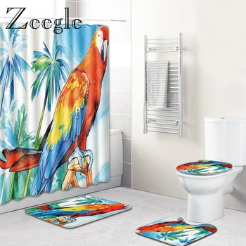 

Cartoon Animals Bathroom Curtain Bath Mat Set Anti Slip Bathroom Carpet Shower Curtian Washable Toilet Pedestal Rug Cover Toilet