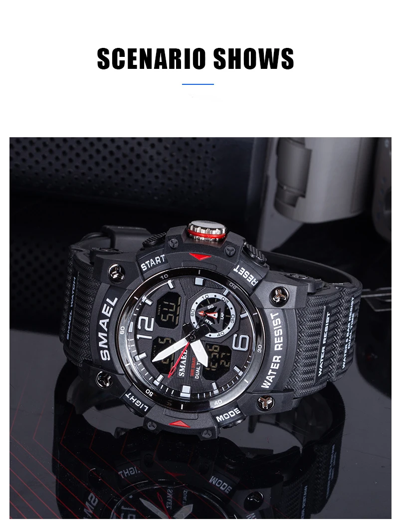 SMAEL Dual Time LED Display Watch for Men Military Sport Digital Watches Women Unisex Waterproof Auto Date Week Wristwatch 8007