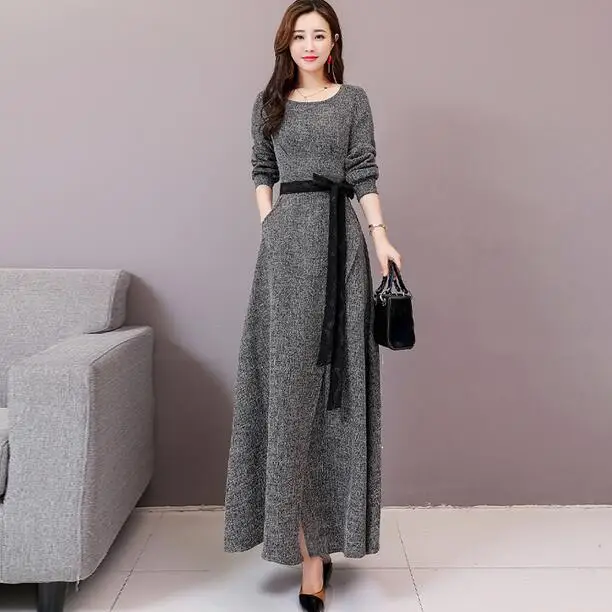Осенне-зимнее Новое Женское Платье vestido de festa стильное длинное платье Robes Femme однотонное винтажное платье DC374