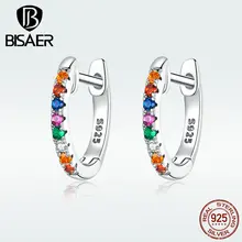 BISAER, серебряные серьги-гвоздики, 925 пробы, серебряные, прозрачные, CZ, цветные, циркониевые серьги-гвоздики для женщин, ювелирные изделия, подарки, HSE721