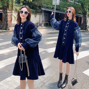 

Photo Shoot 2020 Autumn New Style Corduroy Pregnant Women May Nursing Pregnant Women Mid-length Bow Loose Dress