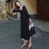 Longue robe femmes solide élégant Style français dames col carré manches bouffantes drapé robes taille haute Simple fête Vestidos Chic ► Photo 3/6