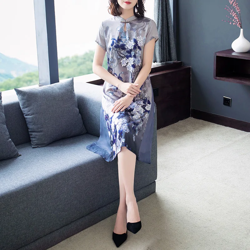 

2019 Summer New Style Chiffon Dress Women's Slim Fit Slimming Cheongsam Improved Fairy Elegant Printed Medium-length Dress