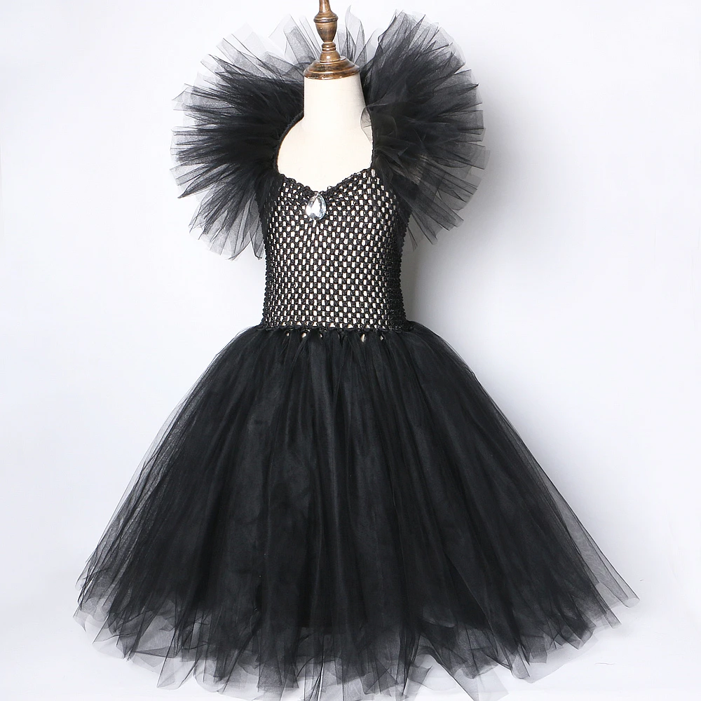 Solid Black Maleficent Halloween Costumes Girls Kids Witch Long Tutu Dress Ankle Ball Gown Devil Cosplay Outfit Horns Wings girls dress,princess costume,kids clothes