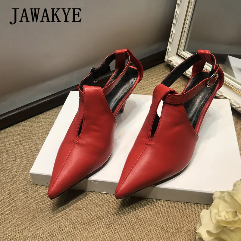 JAWAKYE/босоножки из натуральной кожи на шпильках; женская летняя удобная обувь на высоком каблуке с острым носком; красные, черные сандалии-гладиаторы - Цвет: red