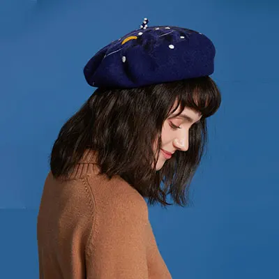 navy Handmade Wool Felt Beret Female Vintage Valentine'S Day Casual Fashion Starry Night Children'S Gift Hat Navy Gift Girl Wild New - Цвет: navy