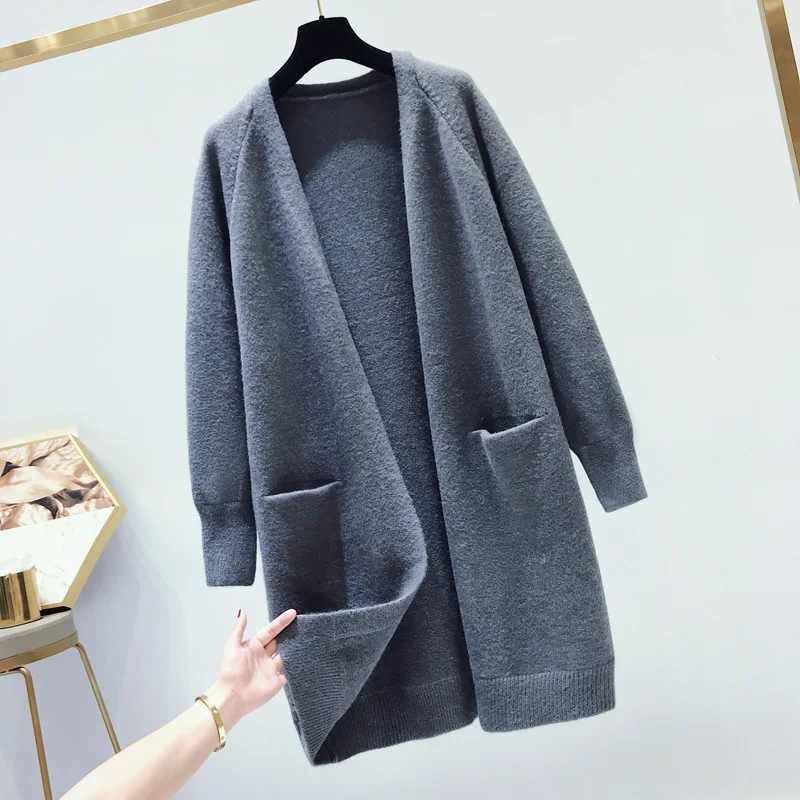 autumn long women sweater and cardigan solid pocket knitted thicken warm loose casual office lady fashion outwear coat tops