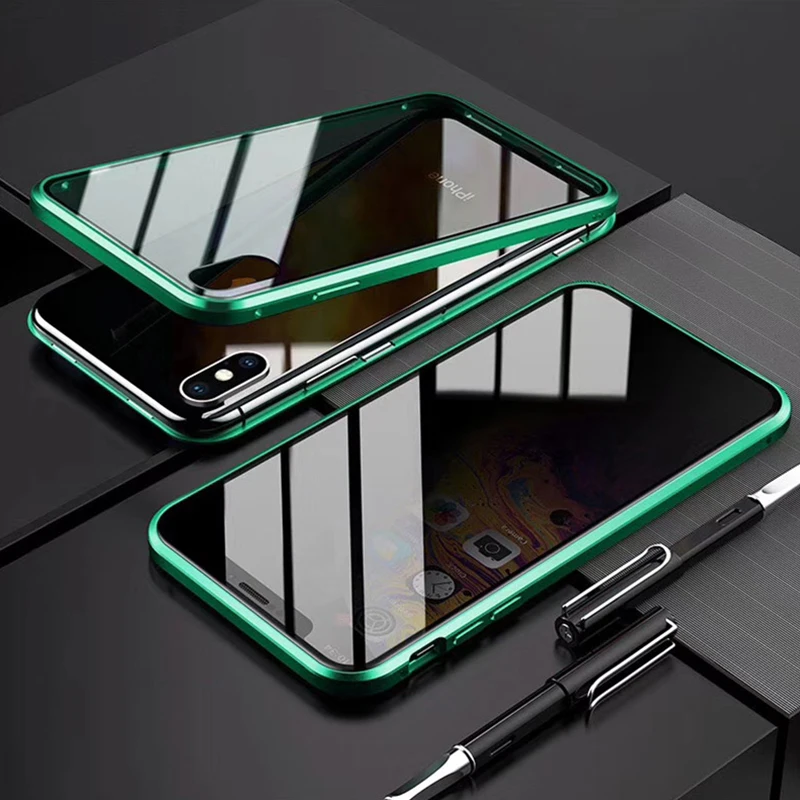 Защитное покрытие магнитного экрана противоударный 360 ° Магнитный чехол для телефона двойное закаленное стекло анти-пип для iPhone X XS XR 6 7 8 - Цвет: Green for 6P 6SP