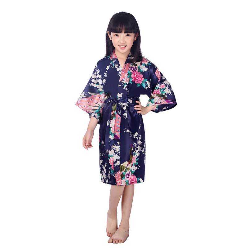 11 видов цветов, традиционное японское кимоно юката для девочек, костюмы, детские От 1 до 14 лет, летние тонкие пижамы из полиэстера для дома, рост 70-160 см - Цвет: Navy blue