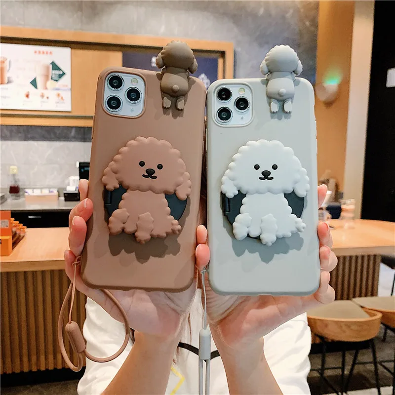 3D Cute Cartoon Dog Mirror Stand Phone Case For apple iphone 13 Pro max 12 11 XR X XS Max 5 6 7plus 8 Plus with Lanyard cover best cases for iphone 13 pro max