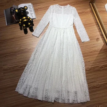 

Fashion New Arrive Quality Lace Long Dress Women Hollow Out White Dress Ladies
