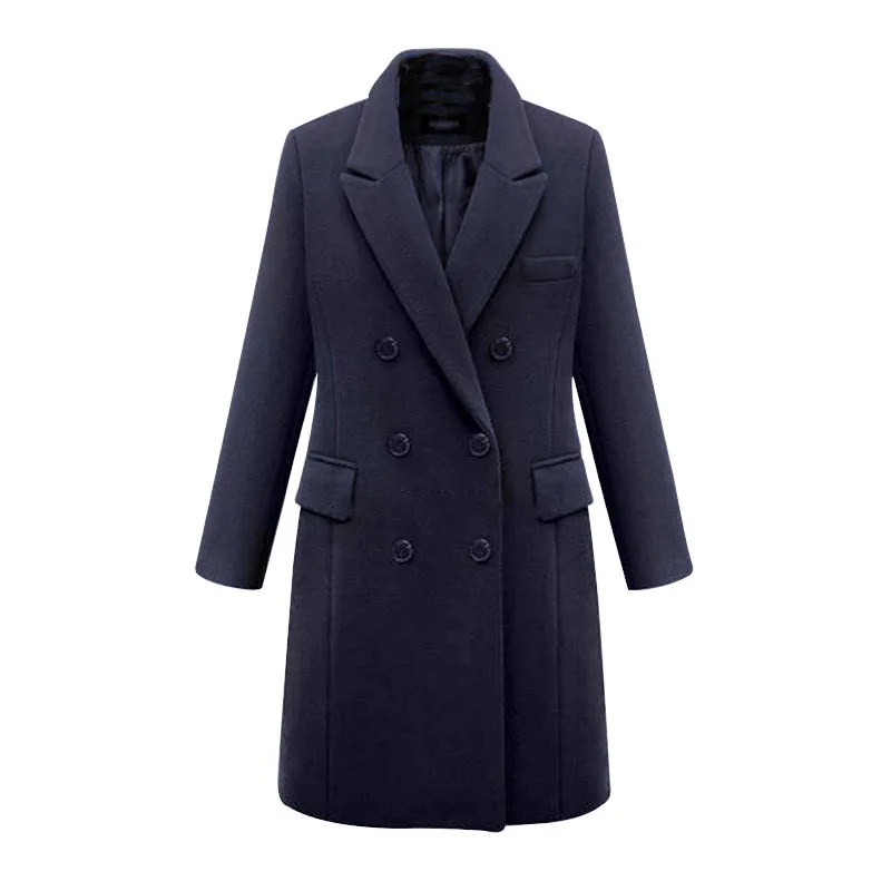 Aimsnug размера плюс 6XL осеннее Женское пальто с отворотом, с длинным рукавом, с высокой уличной шерстью, Тренч, Одноцветный, на пуговицах, длинная верхняя одежда, больше размера - Цвет: Navy
