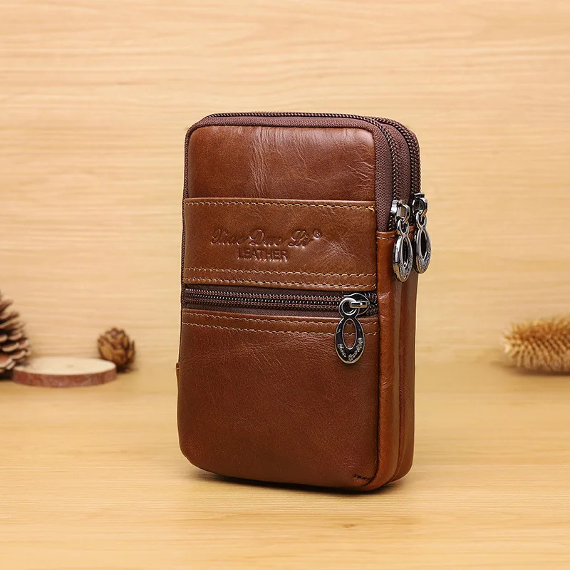 

Men Leather Phone Bag Retro Full-grain Leather Mobile Phone Waist Bag Wear Leather Belt Mini Wallet Documents Bag Men's