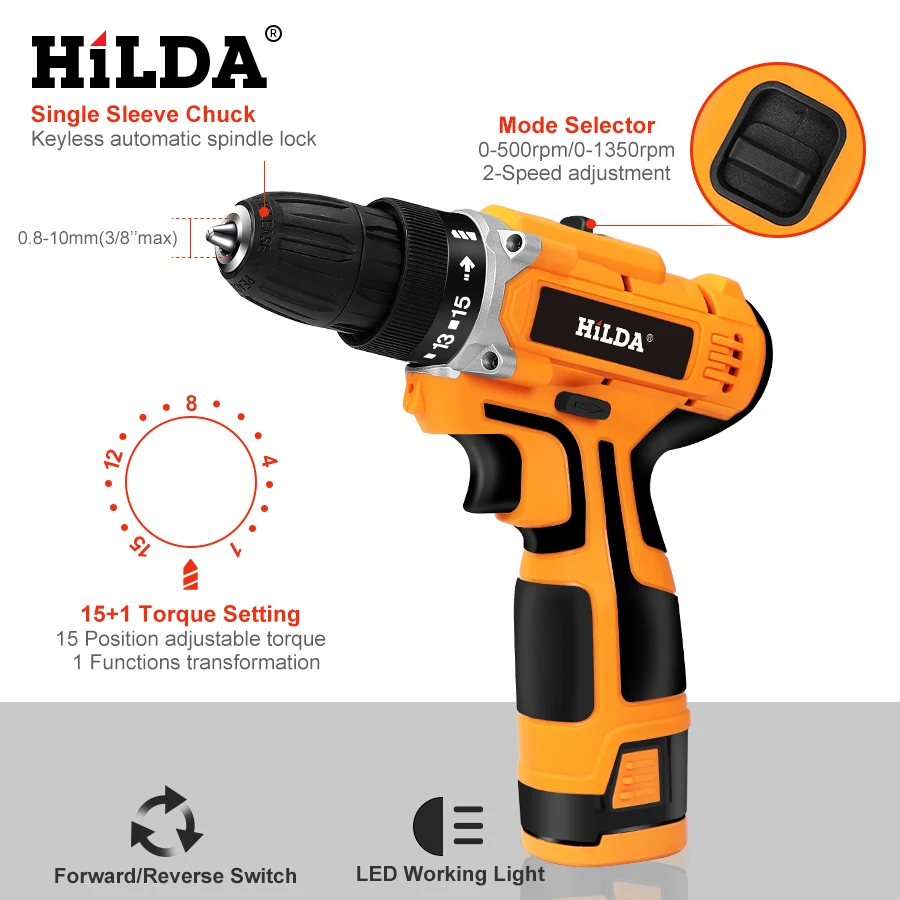 Небольшая электродрель HILDA 16,8 V электрическая дрель с Перезаряжаемые литиевая батарея электрическая отвертка на батарейках аккумуляторная отвертка двухскоростной Мощность инструменты