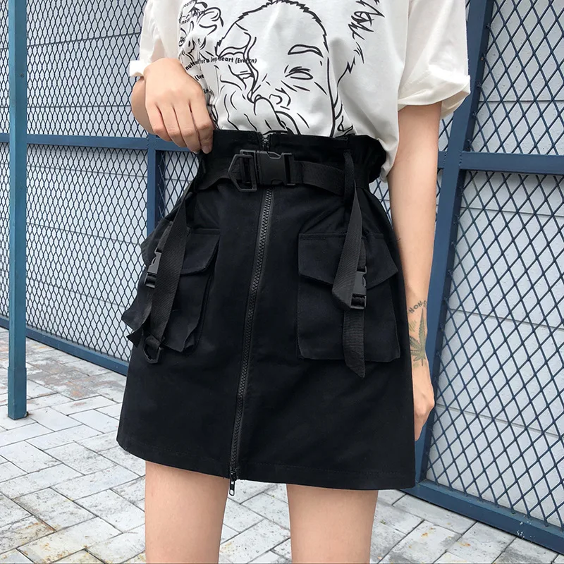 Minifaldas con bolsillos y cremallera para mujer, corta, color negro, caqui, Con parte inferior, liso, para verano, 2021|Faldas| - AliExpress