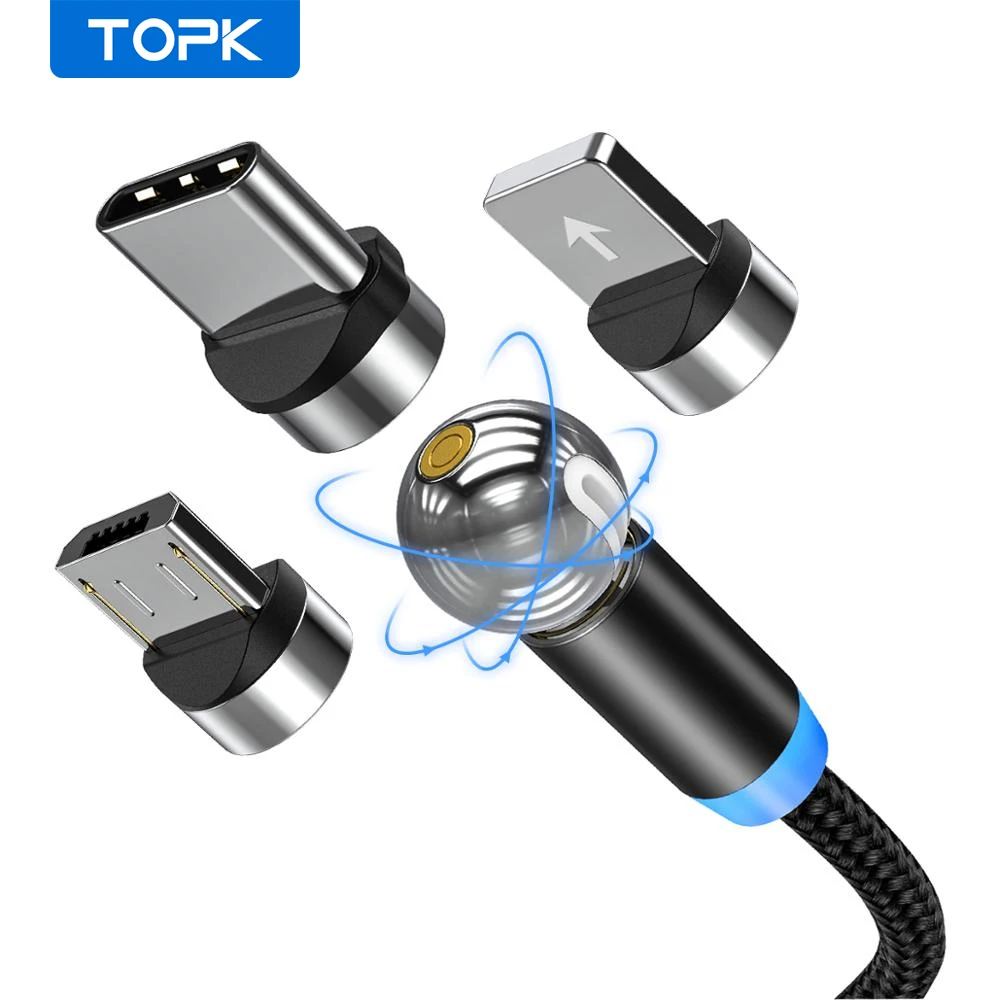 TOPK AM28 вращающийся на 360 градусов Магнитный кабель Micro USB Type C СВЕТОДИОДНЫЙ зарядный