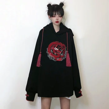 

Vintage Dragon Pattern Long Sleeve Women's Hoodies Black Color Harajuku Embroidery Chinese Style Loose Sweatshirt Female Clothes