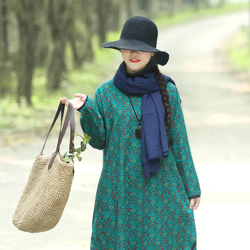 

2019 Autumn And Winter New Style Large Size National Wind Cotton Linen WOMEN'S Dress Printed Brushed And Thick Mid-length High C