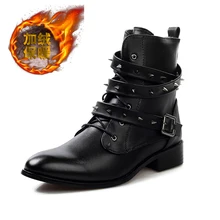 Зимние мужские ботинки на меху; Роскошные брендовые Мужские ботинки в байкерском стиле; модные ботинки с заклепками для ночного клуба; мужские черные кожаные ботинки для мужчин