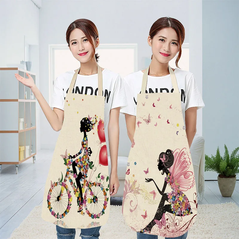 Easy Cleaning Flower Butterflies Girl Printed 68x49cm/49x40cm Women Aprons Kitchen Restaurant Supplies Cotton Linen Waist Bib