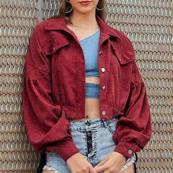 

Women Vintage Buttons Corduroy Jacket Pocket Long Sleeve Loose Tops Cropped Coat 2020