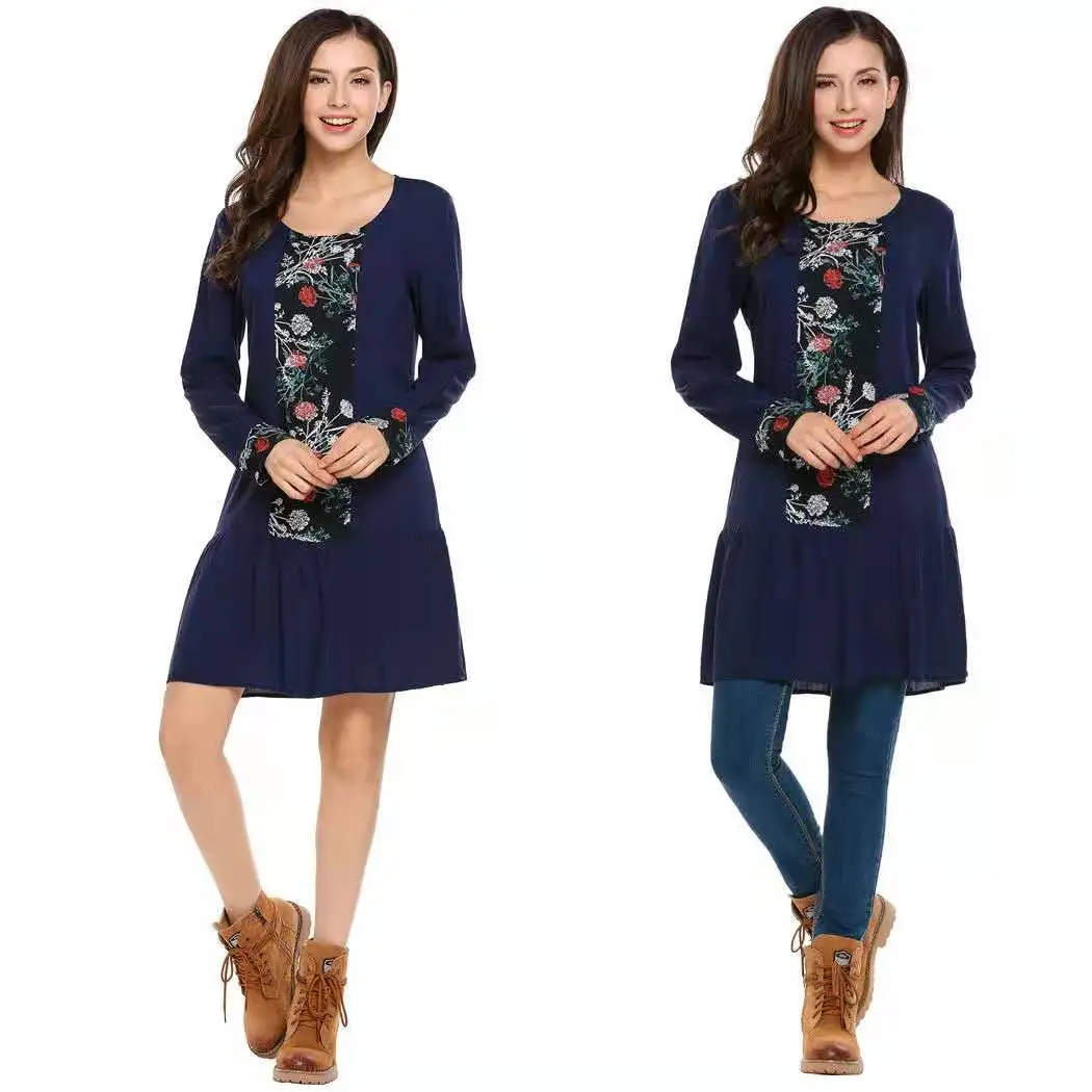 

Flower Embroidered Women's Dresses Autumn & Summer Dress 2019 Floral Round Neck Stitching Party Dress Women