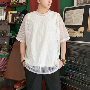 

INCERUN Men Mesh T Shirt Short Sleeve See Through Casual Loose Clubwear Party Tops Streetwear Pockets Fashion Men T-shirts S-5XL