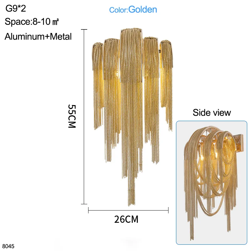 Современный серебристный декоративный настенный светильник для гостиной Настенный светильник с золотой бахромой Для спальни Алюминиевая бра на кухню модная настенная лампа с подвеской - Цвет абажура: Golden G9x2 26x55