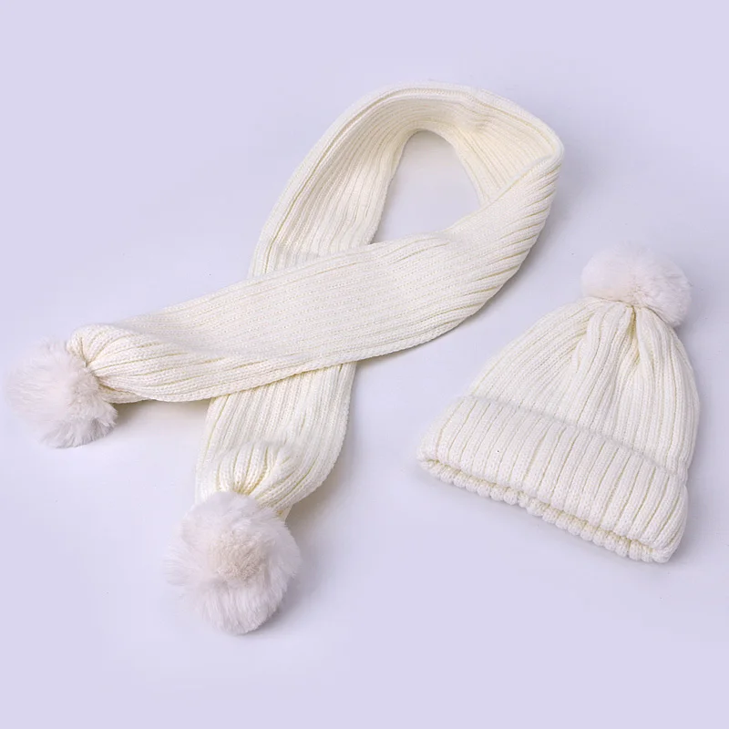 Детский шарф, шапка, набор, женские помпоны, вязаные шапки, зимние теплые шерстяные вязаные шапочки унисекс - Цвет: E