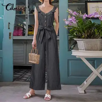 

Vintage Striped Rompers Celmia Women Long Palazzo Fashion Sleeveless Wide Leg Jumpsuits Casual Backless Sexy Ruffled Playsuits