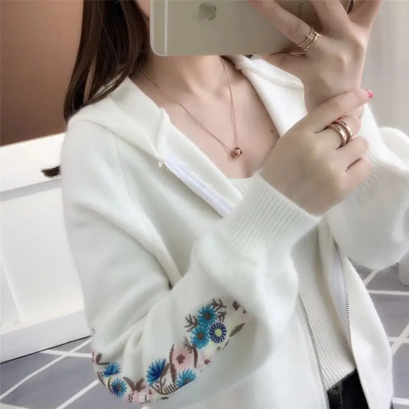 

Autumn Knit Cardigans Women Tops Korean Sweater White Ladies Embroider Hoodie Long sleeve Joggers Knitwear Loose Winter Clothes