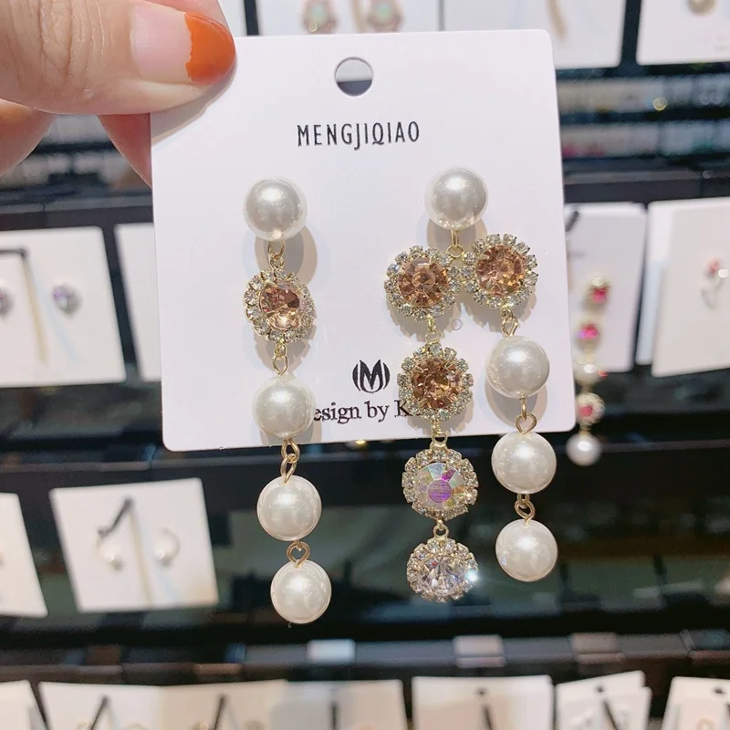 MENGJIQIAO корейские новые роскошные серьги с блестящими стразами длинные серьги для женщин элегантные жемчужные вечерние ювелирные изделия - Окраска металла: bling-4 champagne
