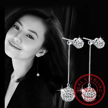 

New Arrival!! 925 Sterling Silver Earrings Full Crystal Ball Long Tassel Stud Earrings brincos For Women S-E01