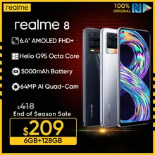 realme 8 6GB RAM 128GB ROM 30W Charge Mobile Phone Helio G95 Octa Core 6.44" AMOLED Display 64MP Quad Camera Smartphone