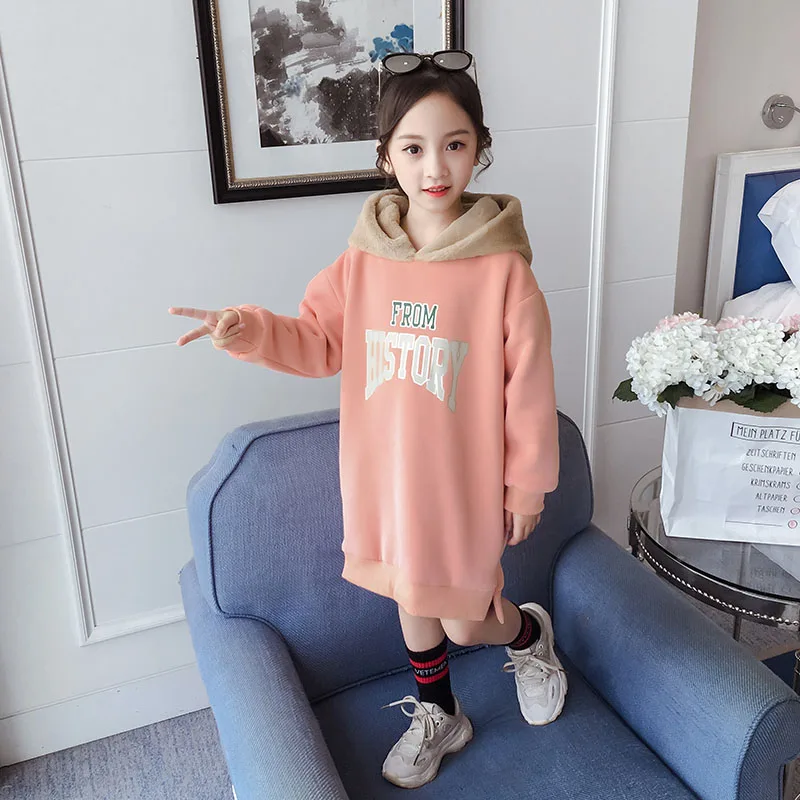 Pink Girls hoodies Puckcovi/толстовки с капюшоном для девочек; детский утепленный пуловер; зимние спортивные толстовки с капюшоном для девочек; Удлиненный свитшот с капюшоном из искусственного меха для зимы - Цвет: Pink Girls hoodies