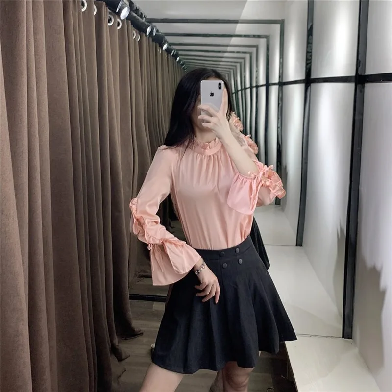

2020 New Spring Women Set Casual Fashion Long Sleeve Ruffles Chiffon Patchwork Tops Striped Elegant Trousers Pants Pink Sets