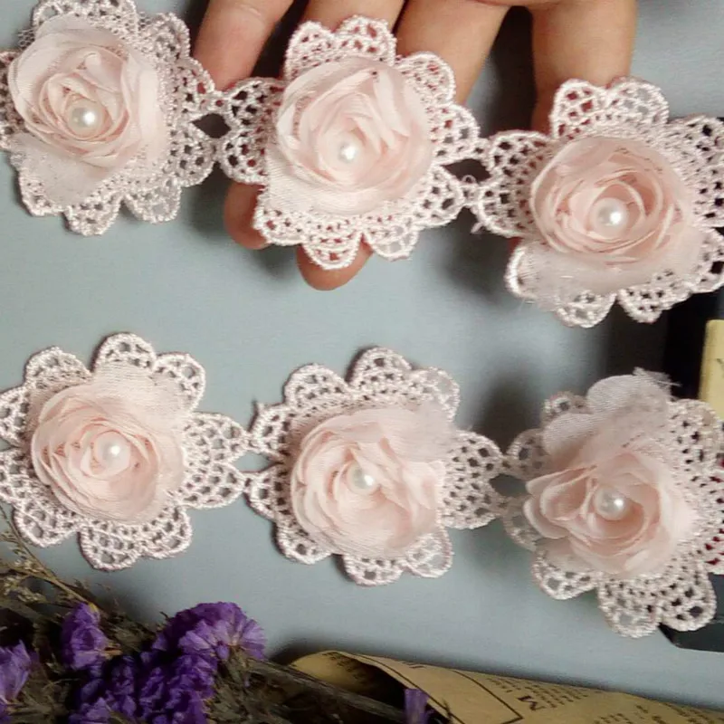 10X розовый 5 см жемчуг 3D цветок кисточка кружевная отделка Лента ткань вышитая