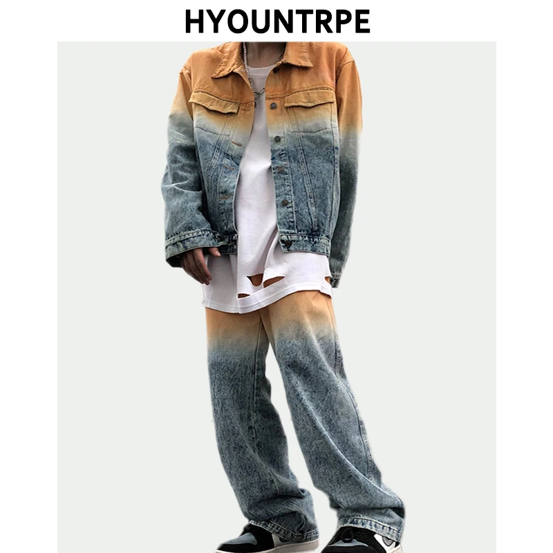 2 Pieces Sets Men Fashion Gradient Single Breasted Denim Jeans Jackets