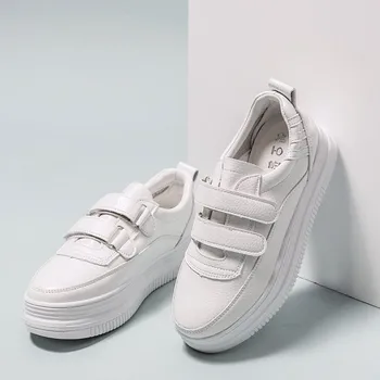 

Hot Fashion Spring New Designer Breathble Vulcanized Shoes Woman Leather Feminino Lace-up White Sneakers E15-95