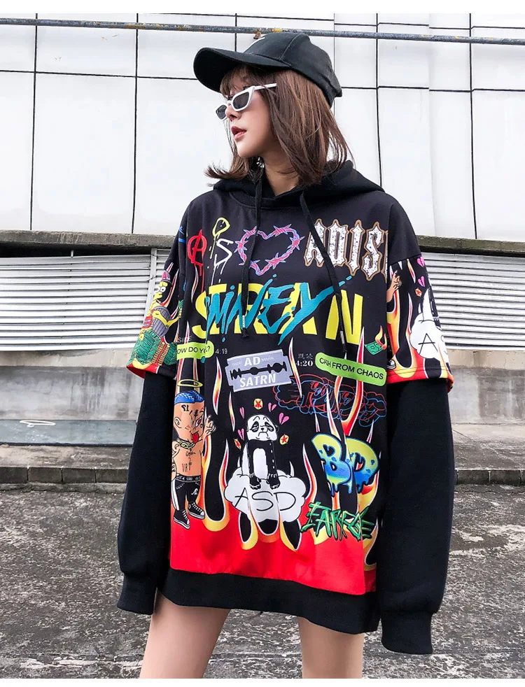 Aolamegs Hoodies Men Hip Hop Letter Print Men Pullover Cartoon Oversize Style Hooded Sweatshirt Lover High Street Streetwear