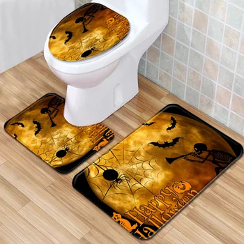 

WUJIE Halloween Decoration 3 Pieces Set Bathroom Mat Skull Pattern Pedestal Rug + Toilet Cover + Bath Mat Set Anti-slip Carpet