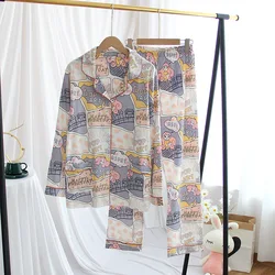 Japanese New Style Pajamas Ladies Spring and Summer Pure Cotton Long-sleeved Trousers Cute Thin Cotton Home Service Suit Women