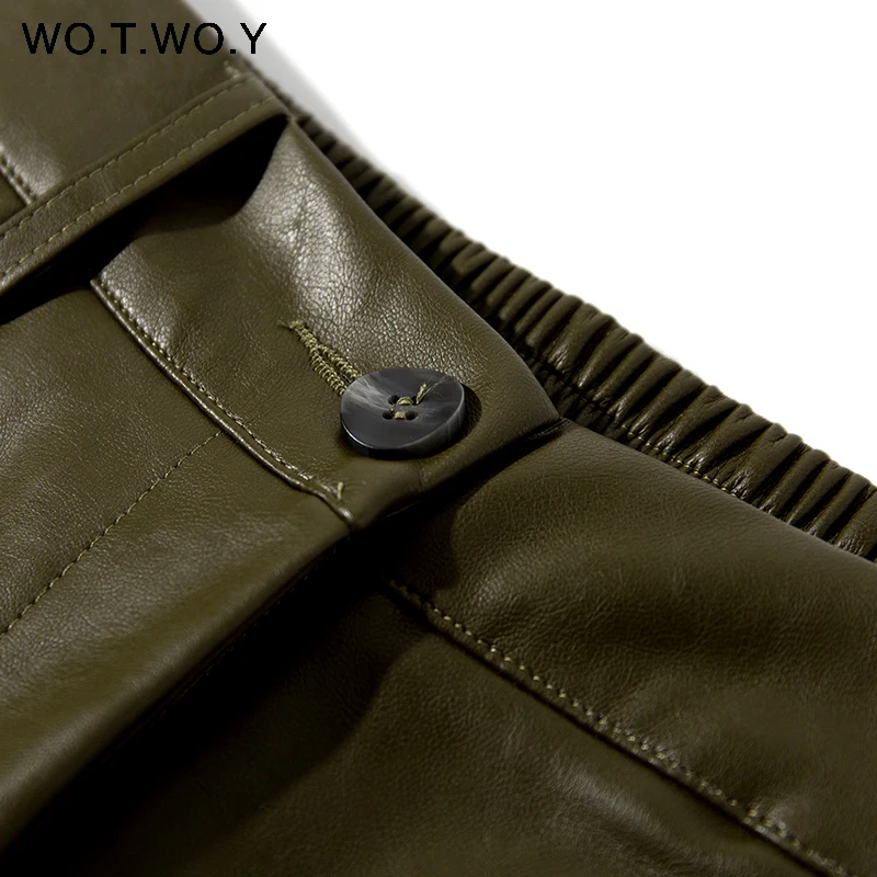 Ceny WOTWOY jesień szerokie nogawki sztuczna skóra spodnie damskie 2019 Zipper Casual Losse aksamitna wewnątrz kobiece spodnie moda damska odzież