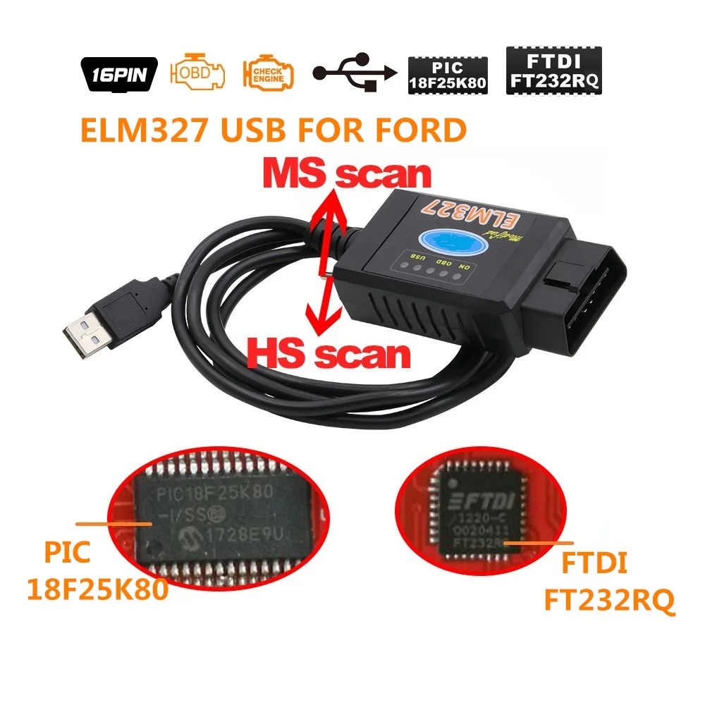 USB with FTDI chip Для Ford ELM 327 USB чип FTDI Pic18f25k80 с переключателем для Forscan HS CAN/ms CAN автомобильный диагностический инструмент и ELM327 Bluetooth версия - Цвет: USB with FTDI chip
