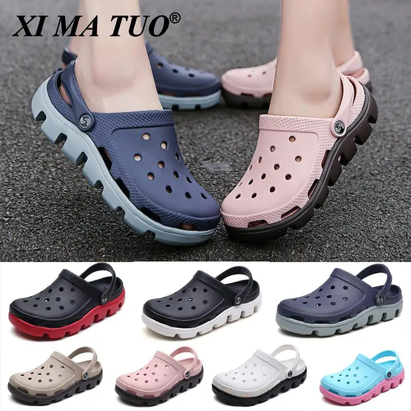 Sandalias de Crocs para hombre y mujer, planos Con agujeros para playa, zuecos, calzado para jardín, zapatillas pareja de fondo grueso de verano - Calzado