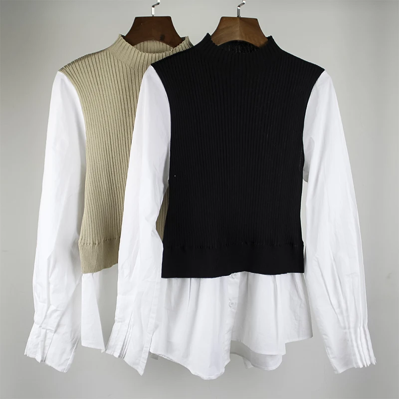 2020 New Spring Knitted Patchwork Blouse Women Black White Female Ruffled Collar Fashion Feminine Elegant Casual Chic Top Shirt - 4.00066E+12