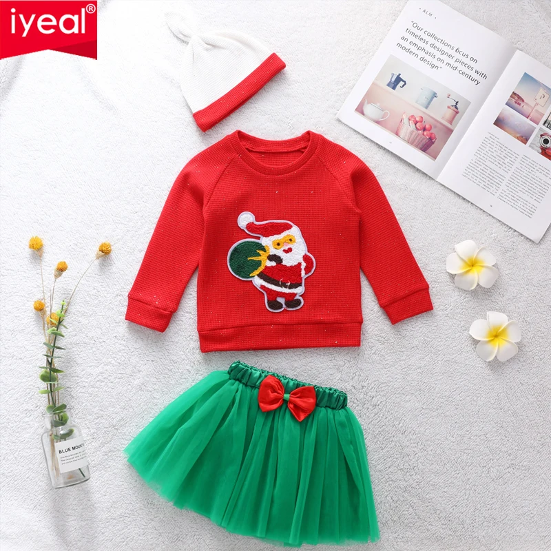 

IYEAL Christmas Clothing Sets For Baby Girls 2021 Fashion Cartoon Printed Tops T-Shirt+Tutu Skirt Outfits With Headband For Kids