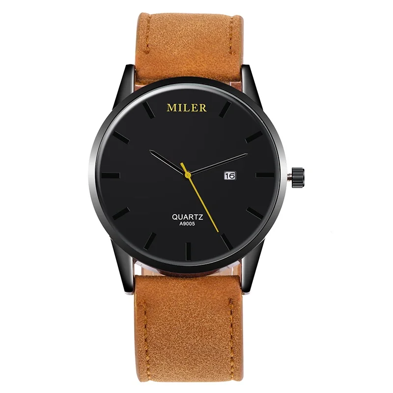 Yellow-Black MILER мужские часы модные высококачественные кожаные мужские кварцевые часы Спортивные Повседневные круглые часы с циферблатом, наручные часы relogio masculino часы - Цвет: Yellow-Black